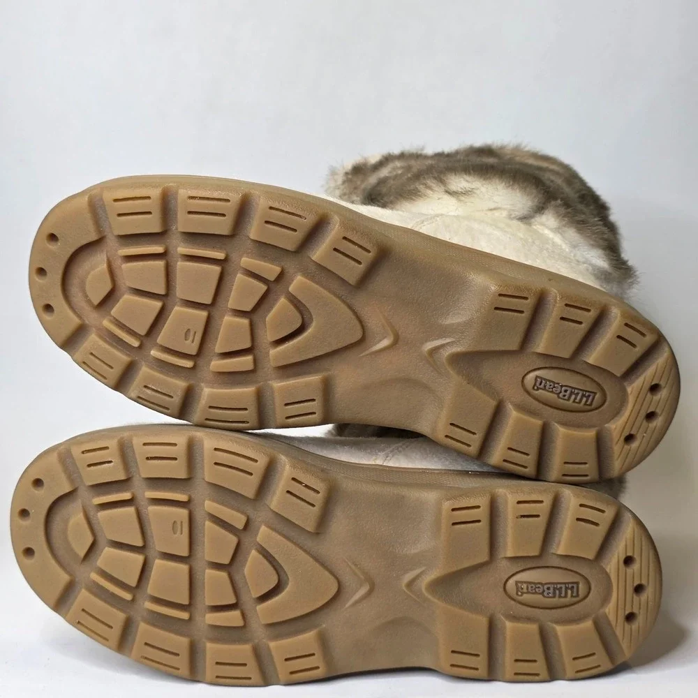 L.L. Bean Winter Snow Boots Women's Size 10 Ivory Cream Brown Faux Fur Shoes
